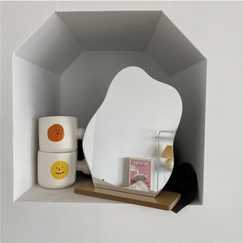 Irregular Mirror Acrylic Wooden Base Stand Desktop Cosmetic Mirror Bedroom Makeup Small Mirror Home Practical Accessories