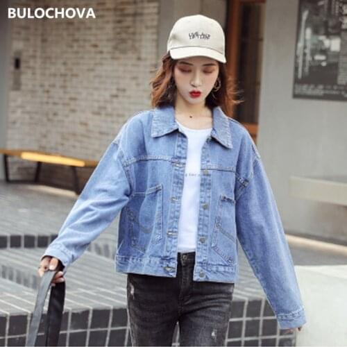 Vintage Women Single-breasted Long Sleeve Jeans Loose Short Jacket Coat Femme 2021 Spring Students Denim Jackets Coats Clothes