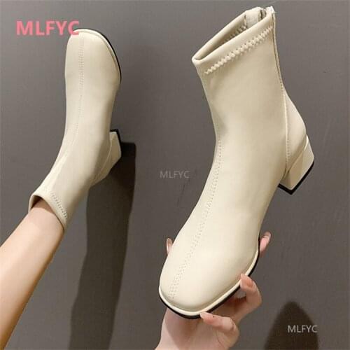 Womens mid-heel thick-heeled short boots womens winter 2021 new white short boots square head thin boots Martin boots