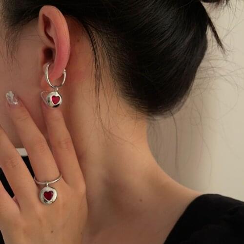 2021 New Korean Retro Heart Zircon Pendant Ear Clip Earring for Women Girls Metal Silver Color Ear Cuff Aesthetic Jewelry