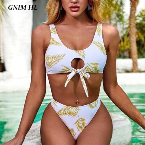 High Waist Brazilian Swimsuit Female Two Pieces Print Bikini Swimwear Women Push Up 2020 Sexy Hollow Out Bandage Bathing Suit