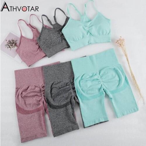 ATHVOTAR Two Piece Shorts Set Women Sexy Bra Seamless Leggings Fitness Sport Gym Workout Elasticity Tracksuits Biker Short Suits