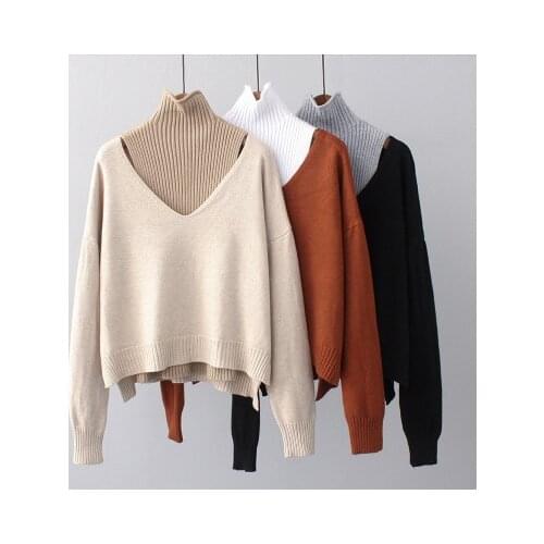 Women knitted set turtleneck vest + long sleeve sweater two pieces set casual warm cotton knitting set