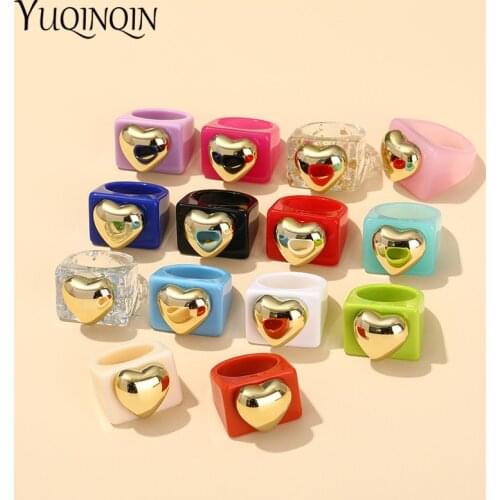 2021 Korean Colorful Heart Rings for Women Resin Acrylic Cute Finger Ring for Girls Summer Friends Couple Trendy Travel Gifts