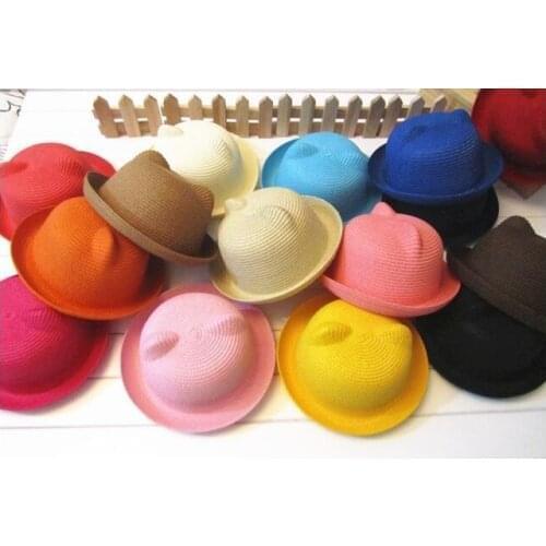 1 piece mouse Cat Ears Hat 2021 New Summer Style Kids Sun Caps Straw Hat Caps Soild Beach Lovely Girl Sun Hat Baby 48 54 58 cm