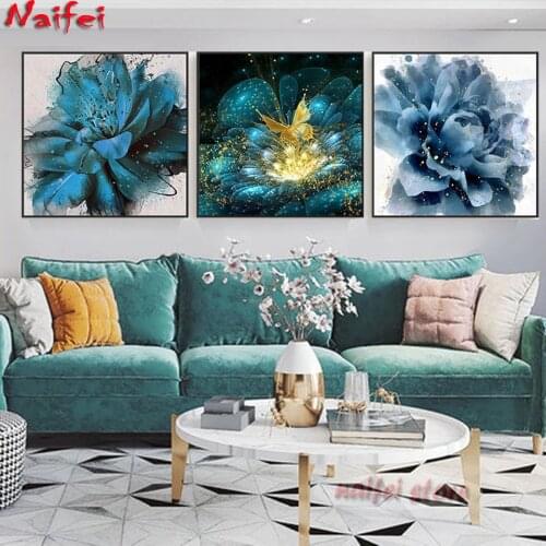5D DIY Diamond Painting Rose Flower Blue Abstract Floral Triptych Square Round Drill,Diamond Embroidery Full Display 3 pcs