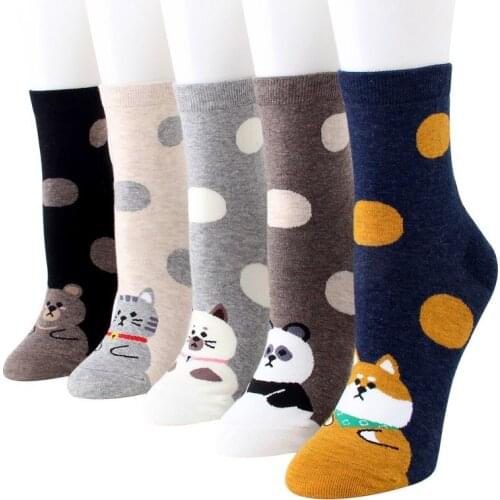 Big polka dot cotton womens socks cute cartoon cat Shiba Inu puppy hot sale in tube womens socks