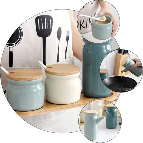 Ceramic Spice Rack Salt Shaker Pepper Vinegar Oil Bottle Sugar Chili Condiment Box Spices Storage Jar Set Household Kitchen