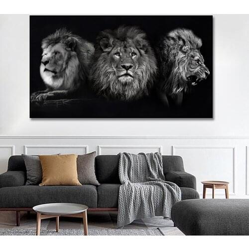 Black and White Animal Painting Three Lions Wall Art Canvas Paintings Posters and Print Canvas Prints for Living Room Decoration