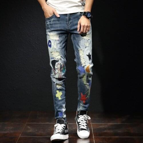 Streetwear Men Jeans Printed Embroidery Designer Fashion Elastic Ripped Jeans Men Punk Pencil Pants Korean Hip Hop Skinny Jeans