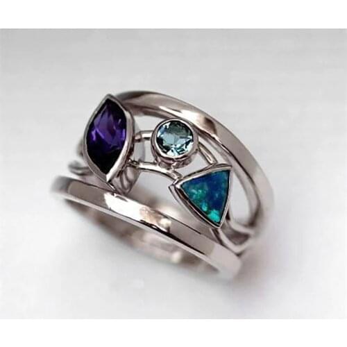 Luxury Female Rainbow Crystal Stone Ring Charm Silver Color Wedding Rings For Women Trendy Hollow Geometry Big Engagement Ring