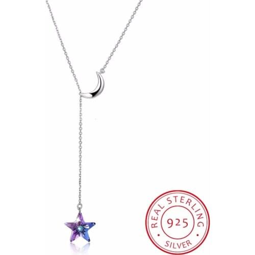 Lekani Crystals From Swarovski Long Chain Necklaces Pendants Real 925 Silver Moon Star Collares For Women Gifts Fine Jewelry