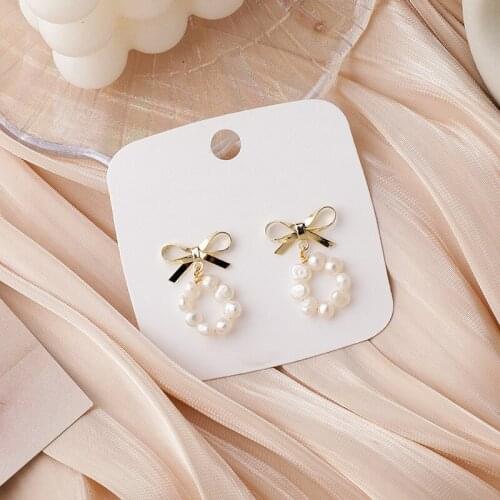 Korean Natural Freshwater Pearl Bowknot Earrings for Women Ladies Gold Color Metal Round Geometrical Dangle Earrings Jewelry
