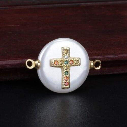 Tiny gold cz paved cross fatima hand hamsa evil eye protection charm round pearl bead connector for women jewelry gift making