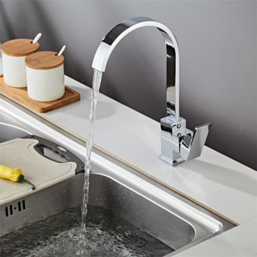 Silver Single Handle Single Hole Hot&Cold Water Kitchen Sink Taps 360 Rotation Single Holder Faucets Swivel Square Mixer Taps