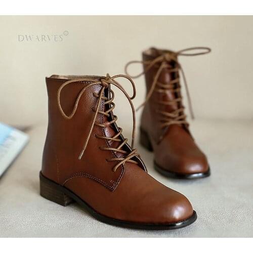 Handmade Fashion Martin Boots Women Genuine Leather Lace-Up Oxfords Round Toe Chunky Ankle Booties Back Zipper Black/Brown