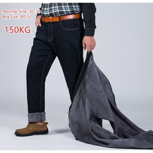 2020 150KG Warm Jeans Thicken Black Men Elastic High Waist Man Winter Trousers Big Size 44 46 48 50 52 Classic Denim Fleece Pant