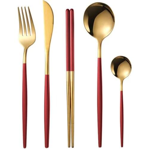 4Pcs/set Luxury Stainless Steel Tableware Kids Cutlery Nordic Vintage Red Gold Steak Knife Fork Spoon Dessert Spoons Dinner Set