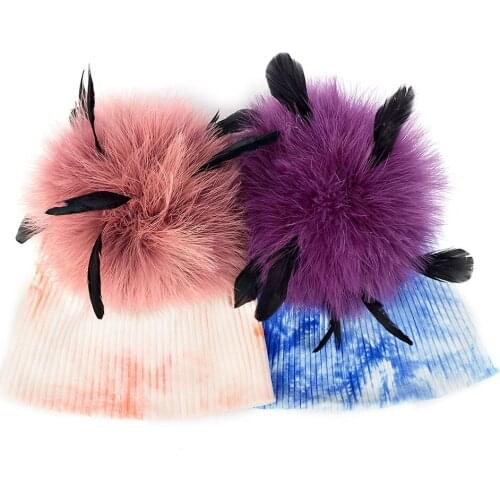 Charm Wood Lovely Baby Tie Dye Beanie Warm Soft Ribbed Children Hats Lovely Autumn Skull Cap With Ostrich Fur Pompom Kids Cap