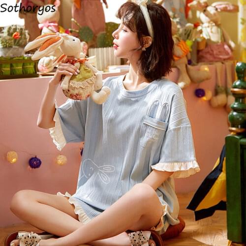 Pajama Sets Women O-neck Cartoon Printed Shorts Short Sleeve Sleep Tops Ruffles Pockets Sweet Cotton Summer Sleepwear Femme Ins