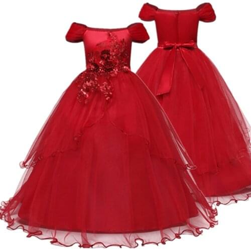 Flower Girl Dresses Gown Red Christmas Lace Long Wedding Pageant First Communion Dress for Big Girls Children Formal Wear 12T