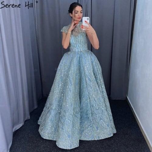 Clear Water Blue High Collar Prom Dresses 2019 Short Sleeve Lace Sequined Bridal Gowns Design Real Photo DHM66981