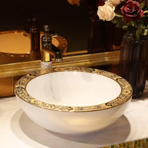 Home Wash Basin Round Wash sink bowl Bathroom Sink white with gold Ceramic Wash Basin bathroom sink