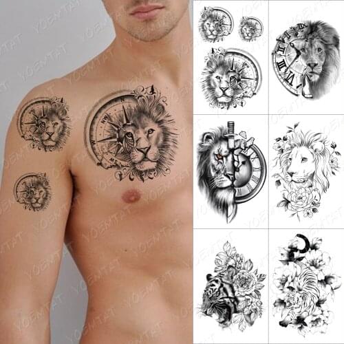Temporary Tattoo Sticker For Men Women Compass Lion Clock Rose Flash Tatto Flower Owl Wolf Waterproof Fake Tatoo Henna Tiger