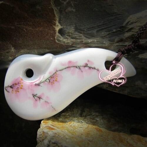 Vivid Pink Peach Blossom Flower Painting Ethnic Style Handmade Ceramic Pendant Adjustable Knitted Rope Necklace For women