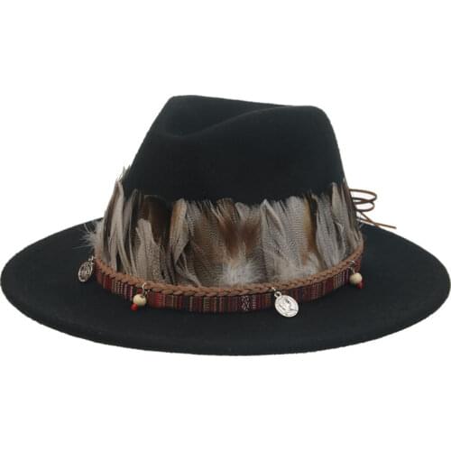 Winter women hats jazz caps big brim vintage belt feather men hat fedora british style multicolor western cowboy women felt hat