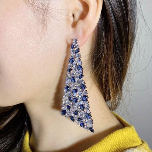Hibride Fashion Luxury Blue Cubic Zirconia Stone Long Stud Earrings for Women Wedding Party Jewelry SE01