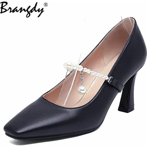 Brangdy Plus Size 48 Women Thick High Heels Pumps 2021 Autumn Woman Pearl Mary Jane Shoes PU Leather Lady Office Work Shoe
