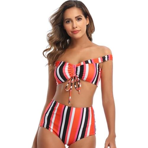 LUKITAS Women Swimwear Sexy Striped Two-Pieces Split Swimsuit Push Up Padded Wireless Polyester Bathing Suit Print Bikini Set