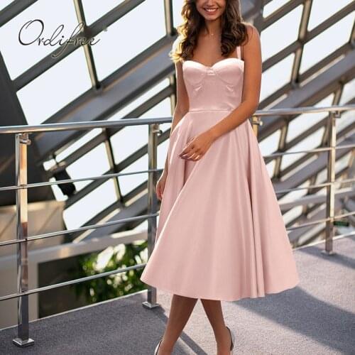 Ordifree 2021 Summer Women Satin Party Dress Spaghetti Strap Sexy Backless Pink Midi Dress
