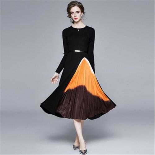 Elegant Knitted Splicing Pleated Slim Midi Women Dress 2021 Spring Fall Long Sleeve Vintage Black Print Long Formal Party Dress