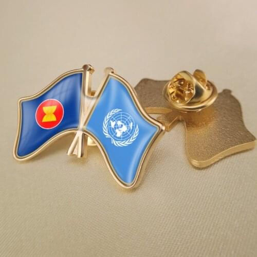 United Nations and ASEAN Association Crossed Double Friendship Flags Lapel Pins