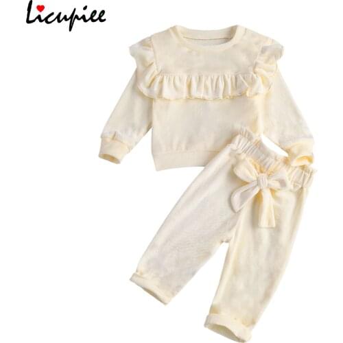 0-12 Months Toddler Baby Girls Smooth Velvet Outfit Sets, Round Neck Ruffle Trim Top Elastic Waist Bowknot Pant Clothes
