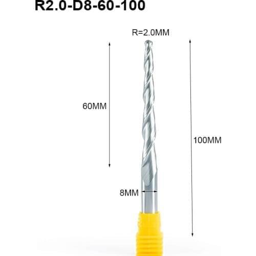 1pc R0.5-R2.0 x8mm shank 2 flutes Tungsten solid carbide Coated Tapered Ball Nose End Mills taper and cone endmills 100mm Longer