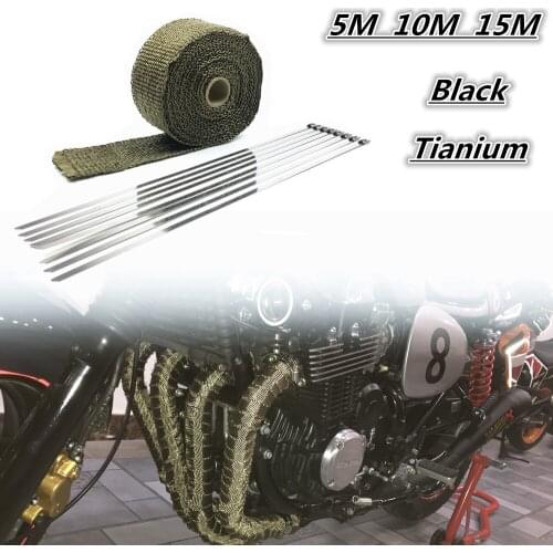 5cm*5M 10M 15M Titanium/Black Exhaust Heat Wrap Roll for Motorcycle Fiberglass Heat Shield Tape with Stainless Ties Motorbike