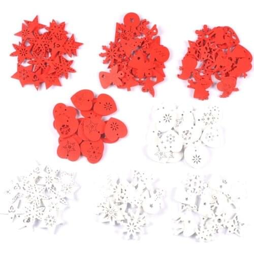50pcs Red and White Wooden Christmas Ornaments Mini Tree Hanging Pendants DIY Decorations for Home New Year Gift