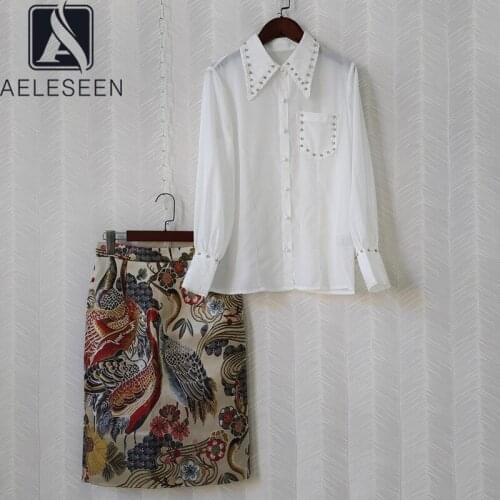 AELESEEN Office Ladies Autumn New Women Sets 2021 Elegant Beading White Blouse + Aline Jacquard Flower Print Skirt 2 Pieces Sets