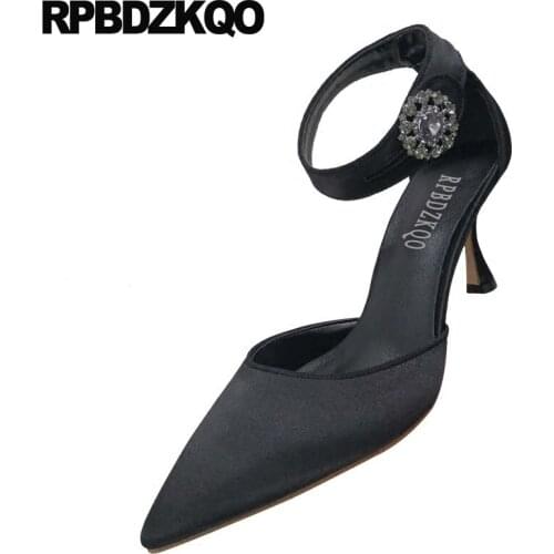 Pointed toe scarpin sandals black pumps prom rhinestone female crystal high heels shoes satin ankle strap 8cm ladies diamond