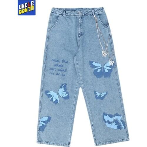 UNCLEDONJM Butterfly Printed +Chain Jeans Mens Hip Hop streetwear mens jeans denim women men fashions black jeans men HM1072