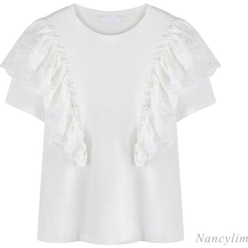Lace Splicing Beads Ruffled Loose Cotton Short Sleeves T-shirt Womens Tops 2021 Summer Clothing New Half Girls Ladies Tee
