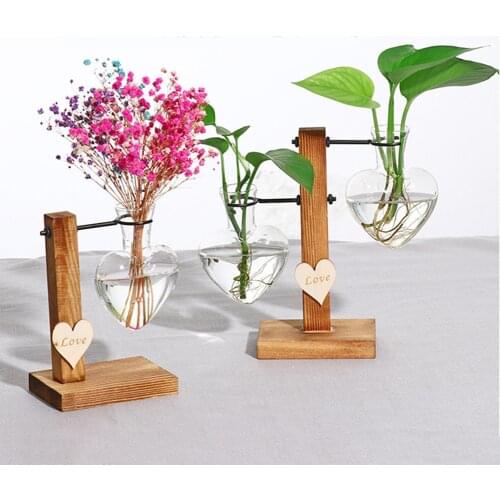 Hydroponic Glass Planter heart Vase with Wooden Stand Tray Tabletop Desk Decor Water Planting Propagation Home Decor