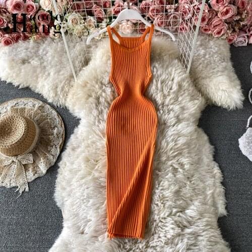 HangCode 2021 New Summer Sexy Stretchy Bodycon Dress Sleeveless Knitted Women Dress All Match Solid Tank Dress Vestidos
