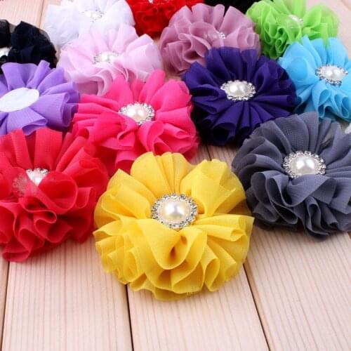 120pcs/lot 15Colors 6.5CM Chic Fluffy Chiffon Flowers With Rhinestone Pearl Button Artificial Fabric Flowers For Kids Headbands