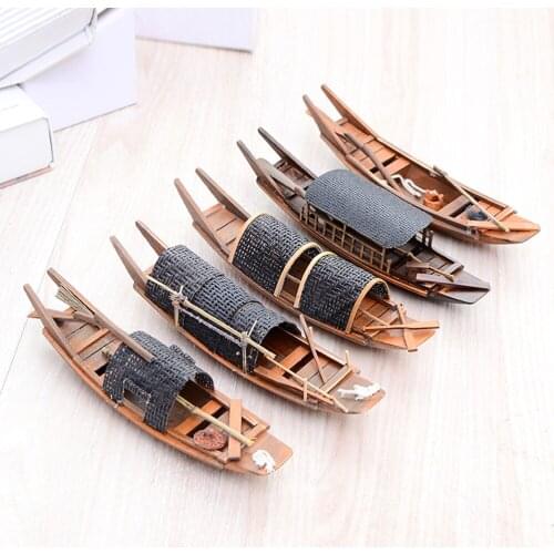 Chinese Retro Jiangnan Water Township Design DIY Wood Boat Model Handmade Wooden Dark-awninged Boat Small Fishing Boat Models