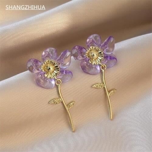 Classic acrylic transparent purple flower earrings for women, unusual jewelry accessories for delicate girls with Korean trend