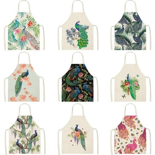 Peacock Flower Kitchen Aprons For Women Cotton Linen Bibs Household Cleaning Pinafore Home Cooking Apron baking accessories